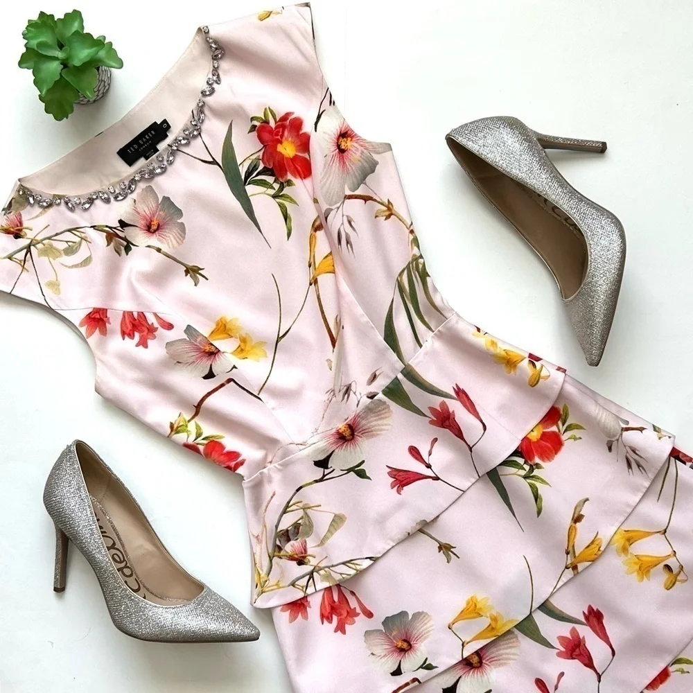 Ted Baker Irisola Pink Floral Jeweled Neck Cap Sleeve Mini Dress Cocktail Size 0 - Picture 9 of 10